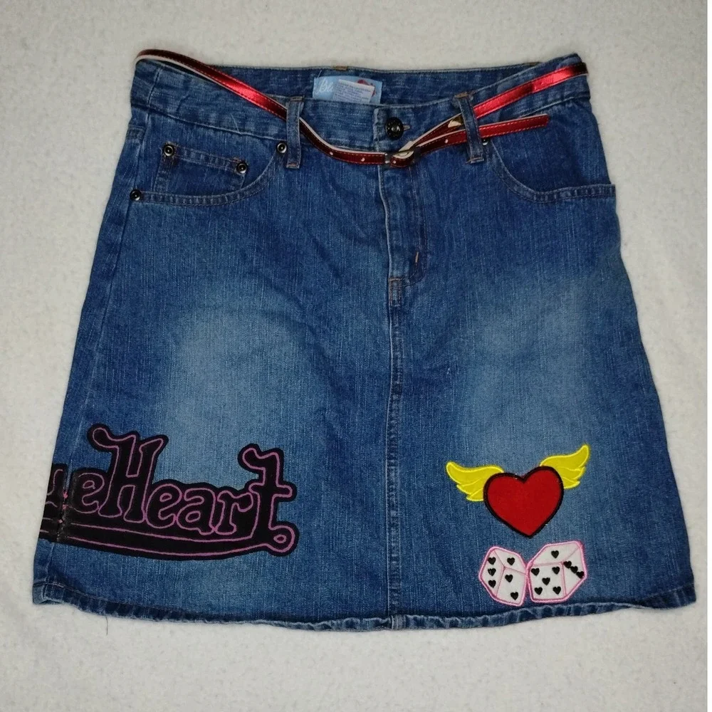 Blue Heart Jeans Denim Mini Skirt Y2K Heart Dice Painted Patches Womens  Size 16